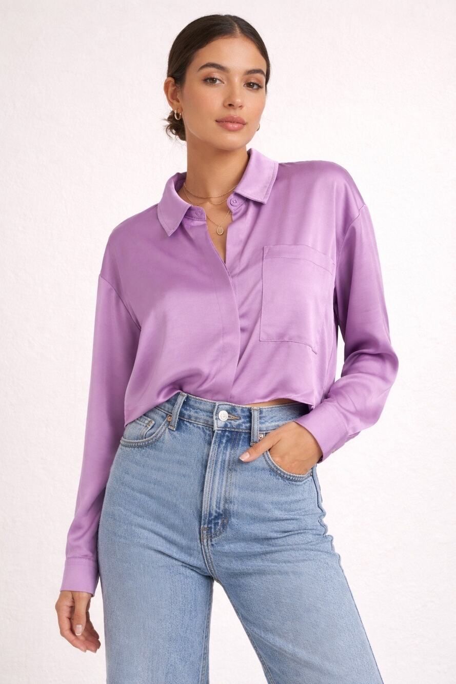 House of Harlow 1960 Lilac Satin Cropped Shirt | Soft Luxe Minimalist Aesthetic